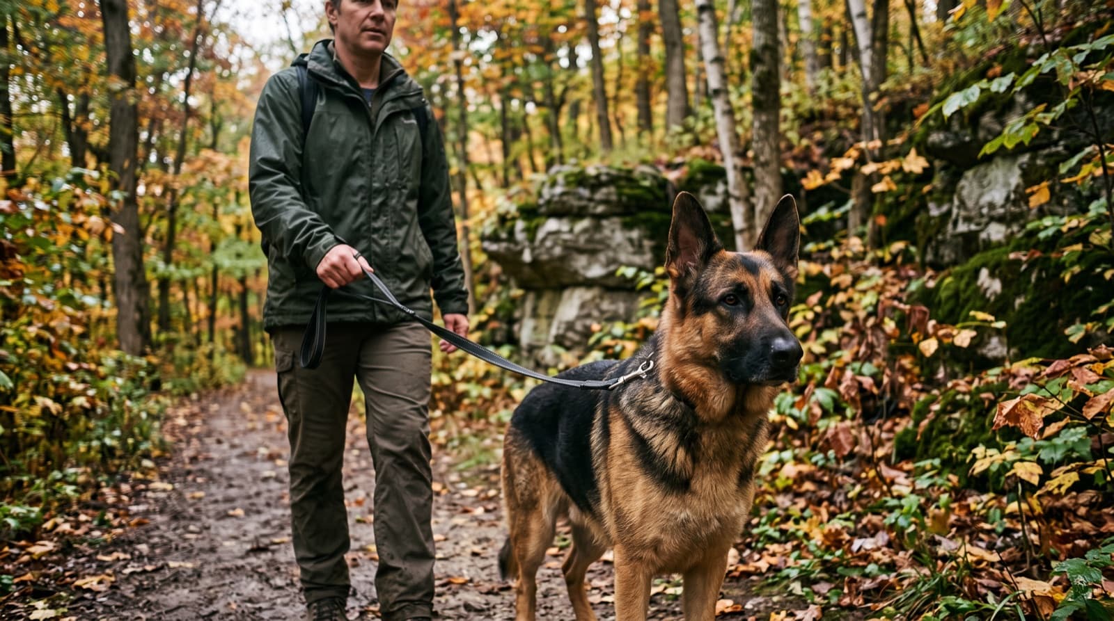 A black-and-tan German Shepherd on lead on a Niagara Escarpment trail near Hamilton, Ontario, alert and focused, representing the loyal but high-drive working temperament of the breed in Ontario rescue