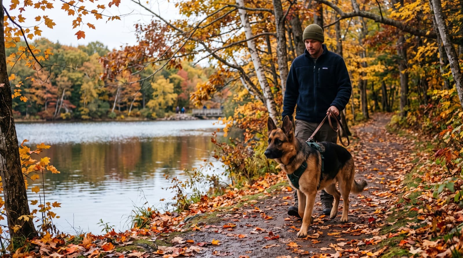 A black and tan German Shepherd on lead on a Moncton, New Brunswick riverfront trail beside the Petitcodiac River, alert and attentive, representing the working temperament of the breed in Maritime rescue