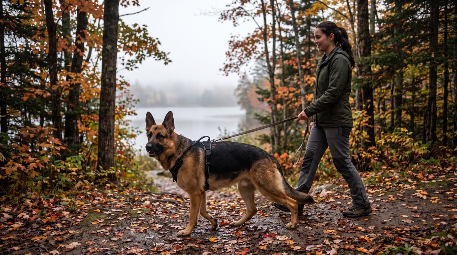A black-and-tan German Shepherd on lead on a foggy Bay of Fundy trail near Saint John, New Brunswick, representing the working temperament and heavy double coat of the breed in Maritime rescue