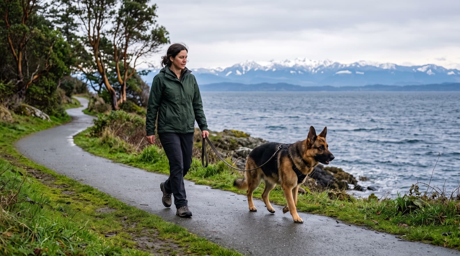 An adult black-and-tan German Shepherd on lead on a Victoria, BC coastal trail on an overcast day, alert and attentive, representing the loyal but demanding working temperament of the breed in Vancouver Island rescue