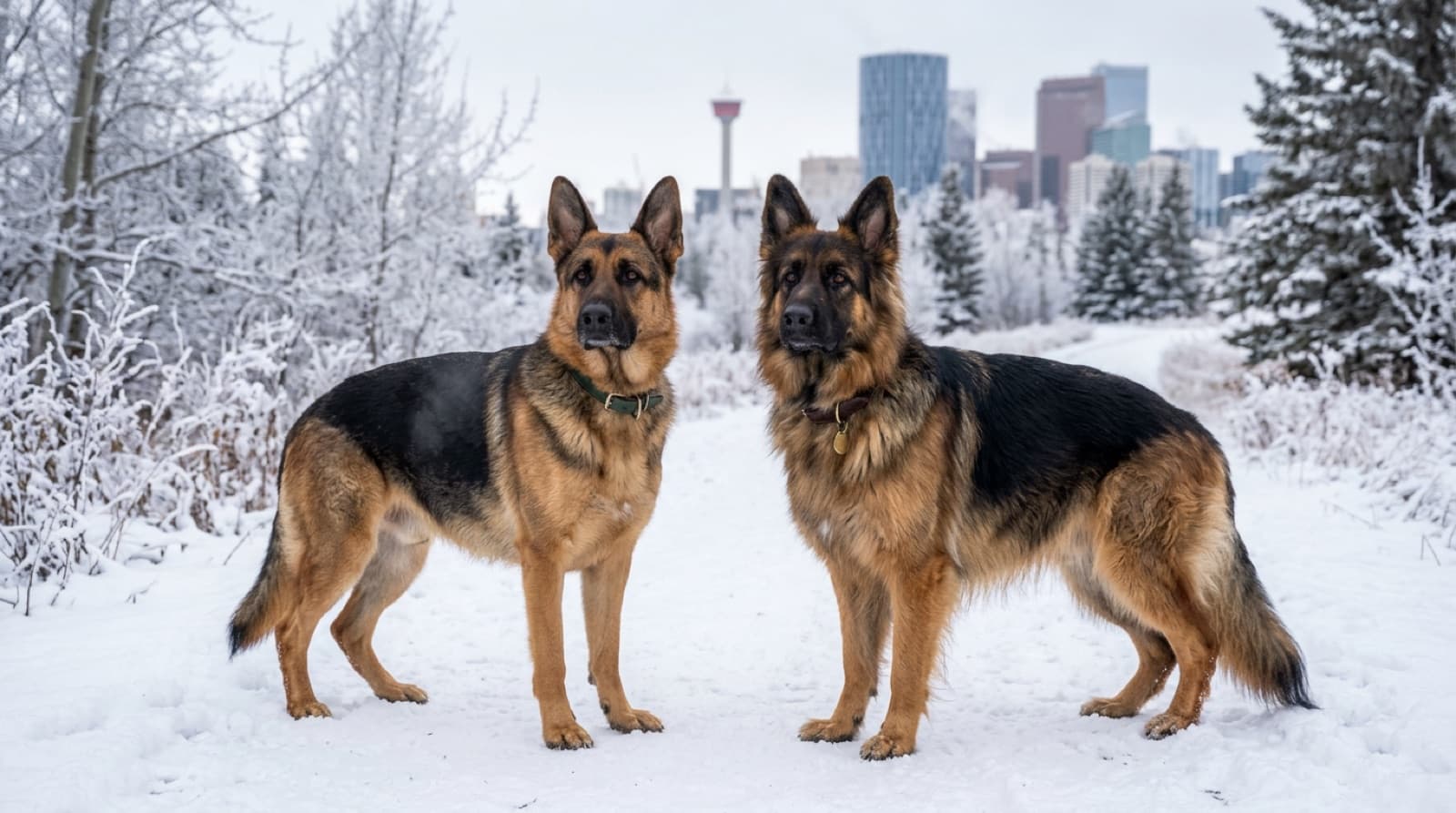 Two German Shepherds side by side showing the difference between stock coat (medium-length double coat) and long stock coat, illustrating the GSD coat type variations