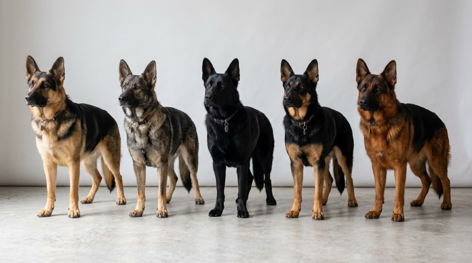 A panel showing five different German Shepherd colors side by side: classic black-and-tan saddle, sable, solid black, bi-color, and red-and-black, illustrating the recognized GSD color varieties