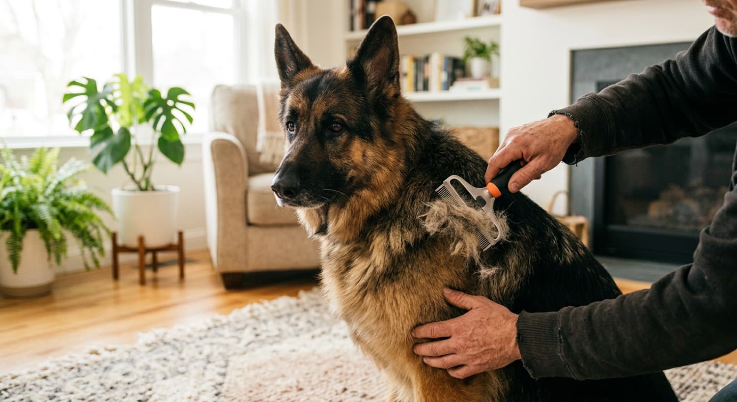 A German Shepherd being brushed outdoors, loose tufts of undercoat coming free