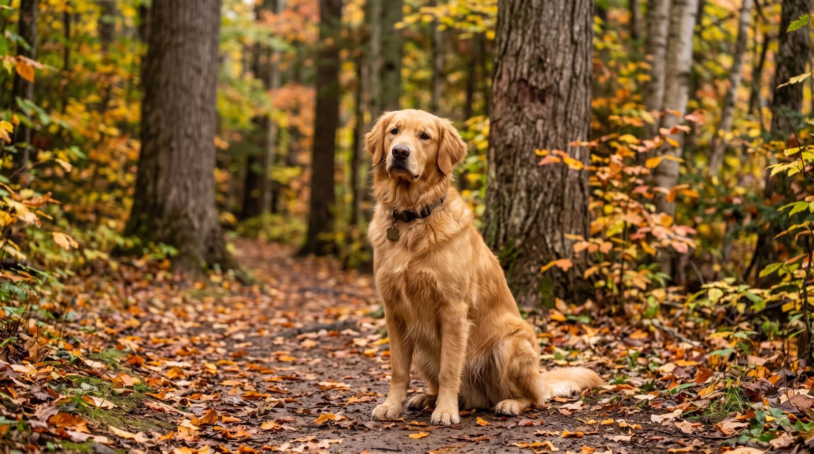 A Golden Retriever on lead beside the Saint John River in Fredericton, New Brunswick, its thick golden coat catching the light, representing the gentle family temperament that makes the breed so hard to find in rescue