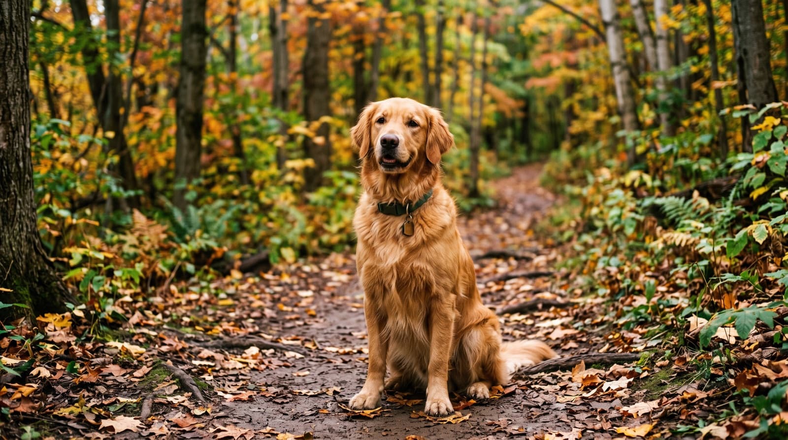 A Golden Retriever on lead on a Bruce Trail path along the Niagara Escarpment near Hamilton, Ontario, in autumn, representing the friendly, family-oriented temperament of the breed sought after in Hamilton rescue
