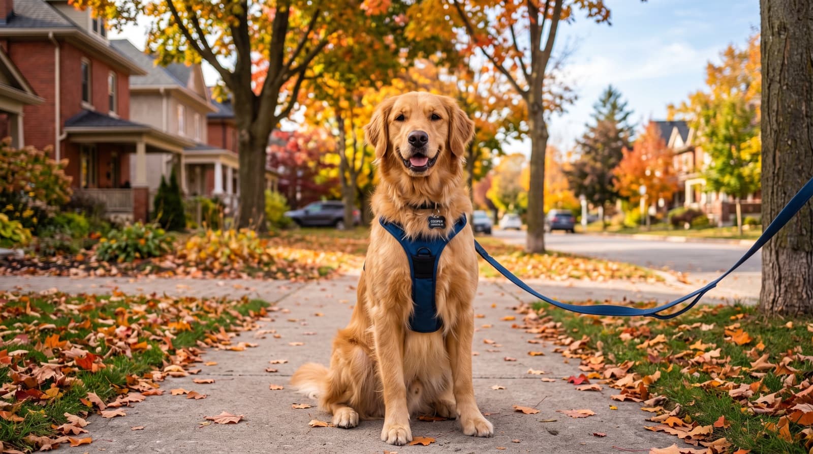 A golden retriever standing on a riverside trail in London, Ontario, representing the gentle family temperament that makes the breed the most sought-after and hardest to adopt dog in London rescue