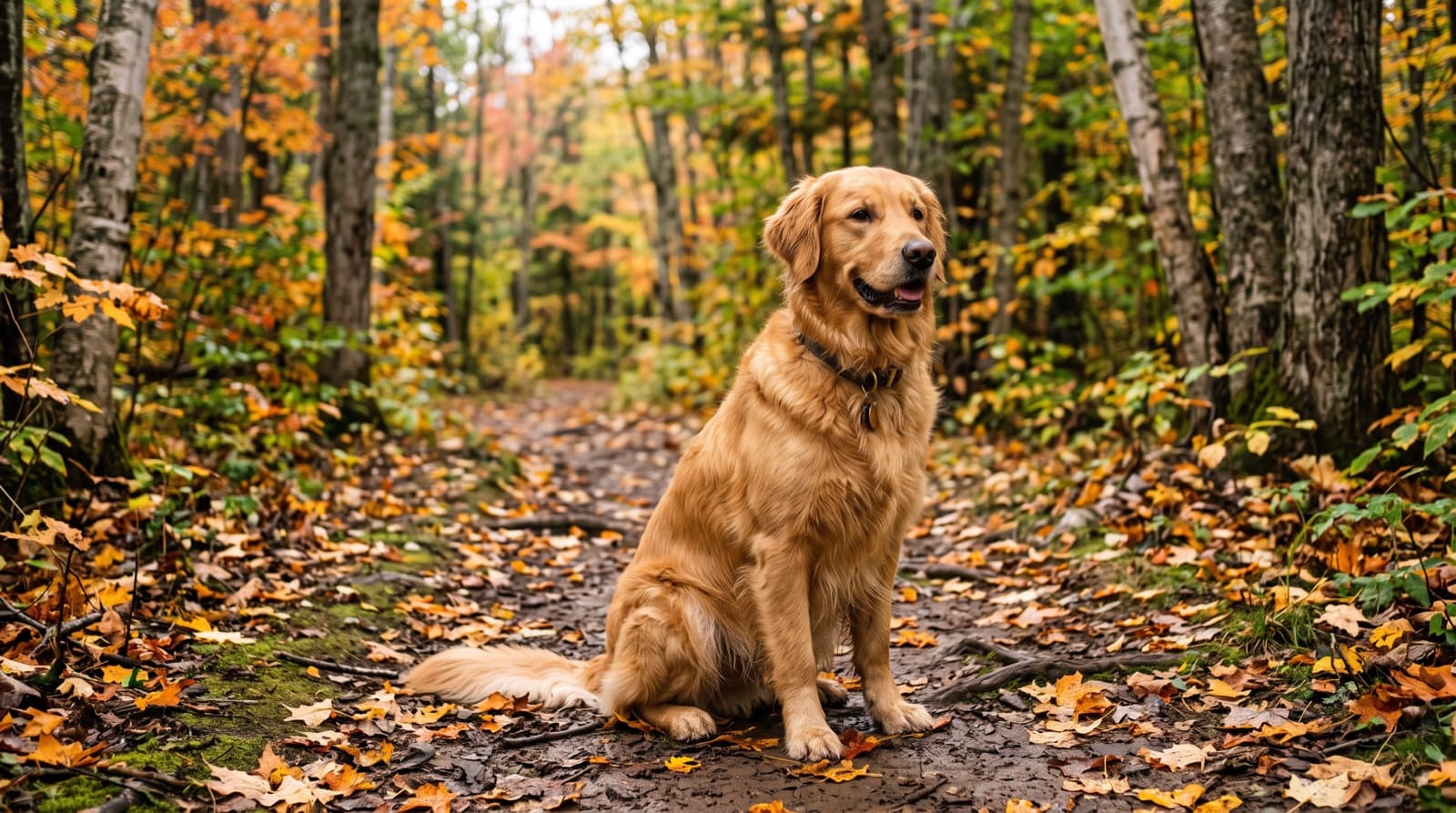 A Golden Retriever on lead along the Riverfront Trail beside the Petitcodiac River in Moncton, New Brunswick, representing the popular family breed that is rare in Maritime rescue