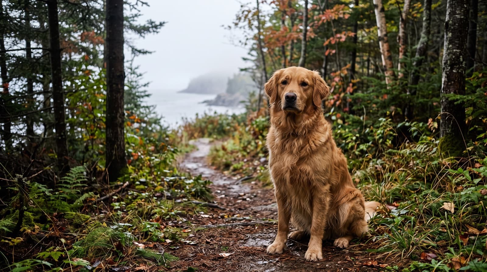 A Golden Retriever on lead on a Saint John, New Brunswick trail with Bay of Fundy fog in the background, representing the friendly, family-oriented breed that is rare in Maritime rescue