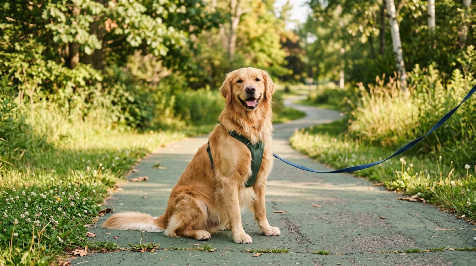 An adoptable Golden Retriever on a leash in a Toronto park
