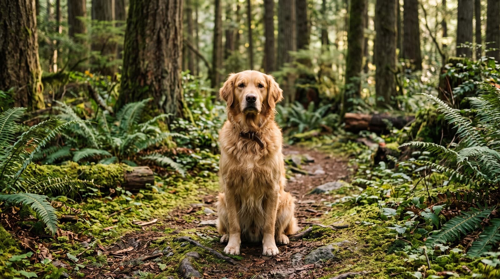 A Golden Retriever on lead on a Victoria, BC coastal trail on a grey wet day, feathered coat damp from the rain, representing the friendly family temperament and the wet-climate grooming reality of the breed on Vancouver Island