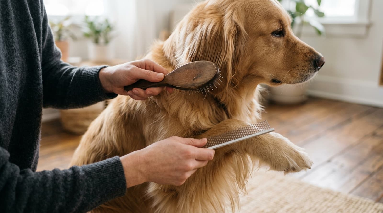 Close-up of a Golden Retriever's ear and leg feathering being brushed and combed