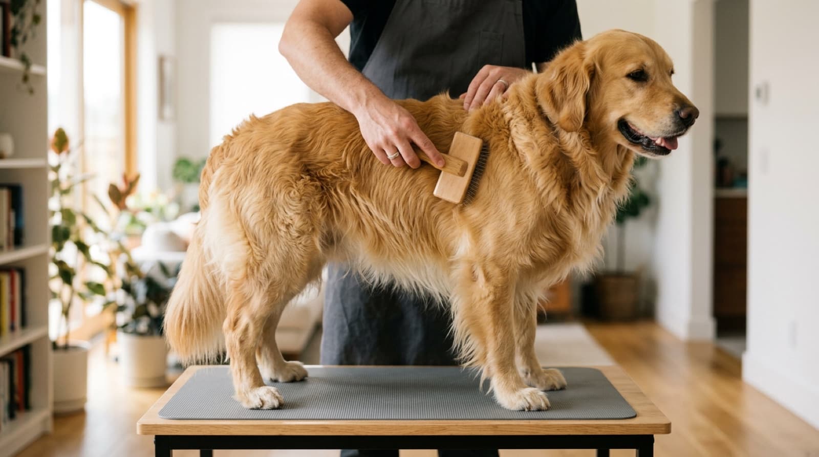A Golden Retriever being brushed on a grooming table in a bright home