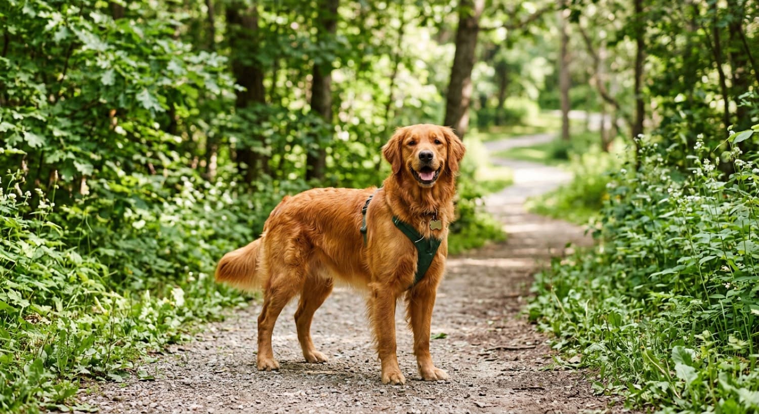 A healthy adult Golden Retriever on a green Toronto trail