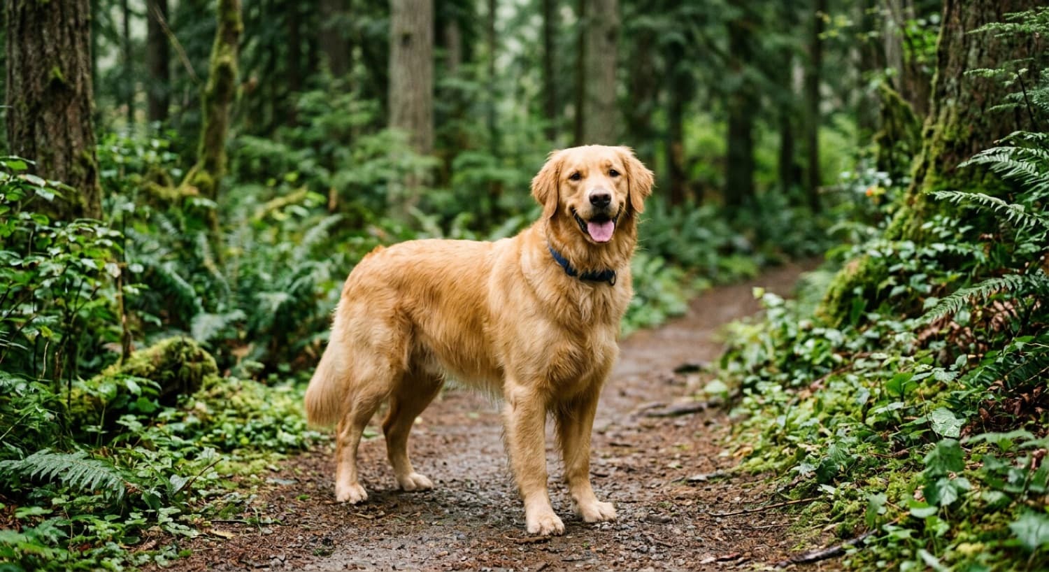 A healthy adult Golden Retriever on a green Vancouver trail