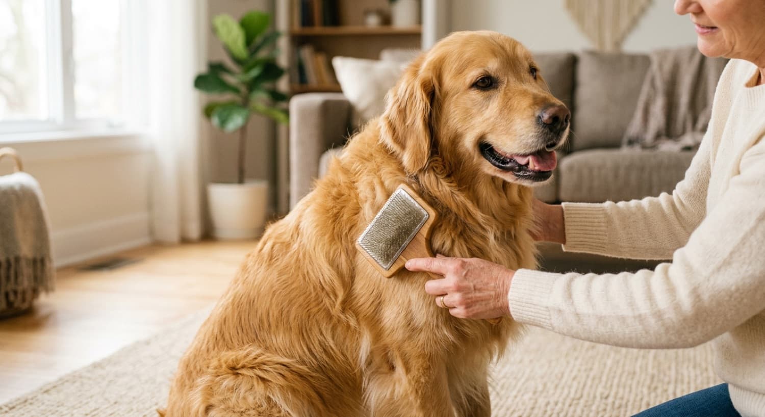 A Golden Retriever being brushed at home in Toronto