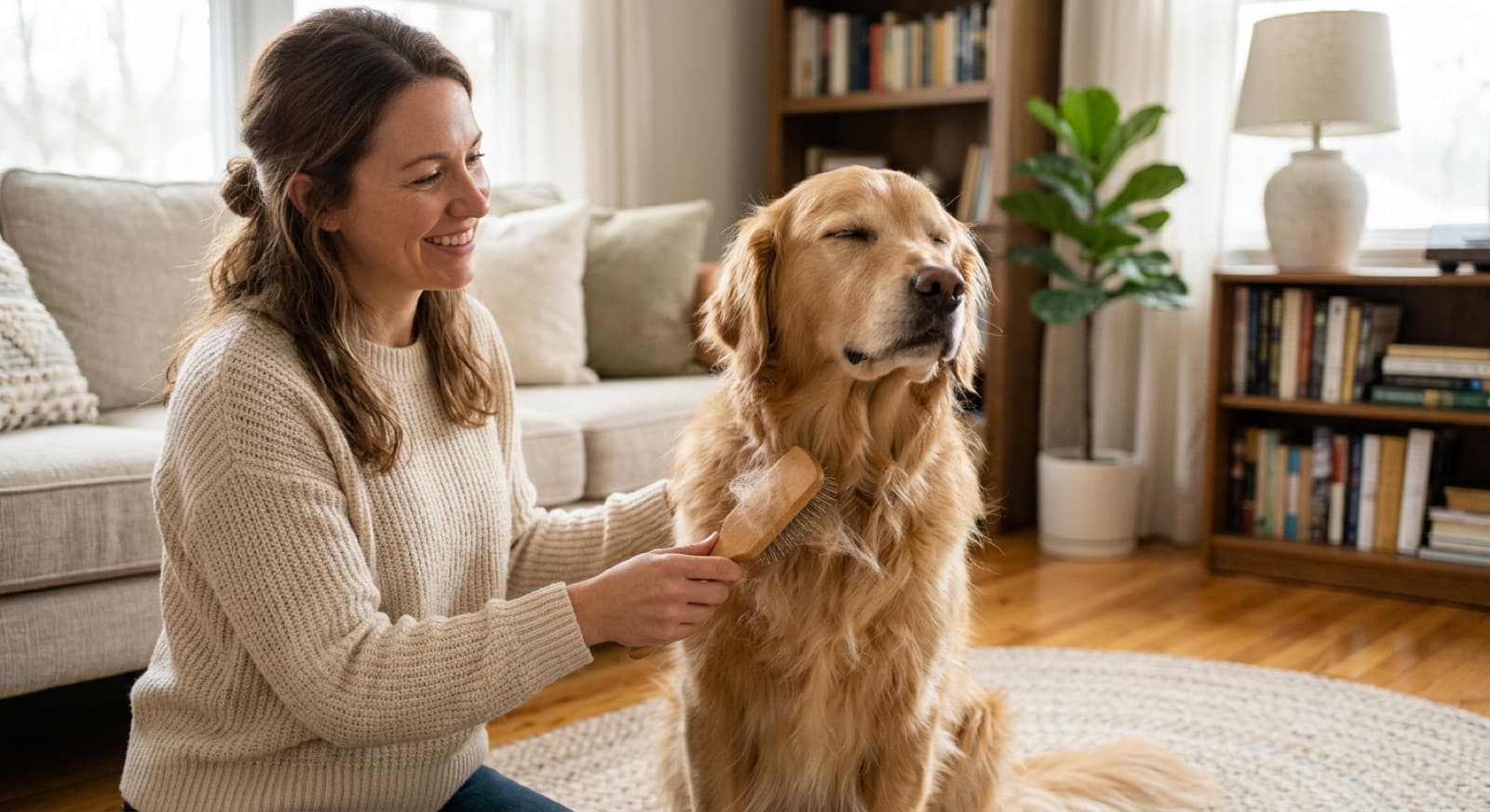 A Golden Retriever being brushed at home in Vancouver