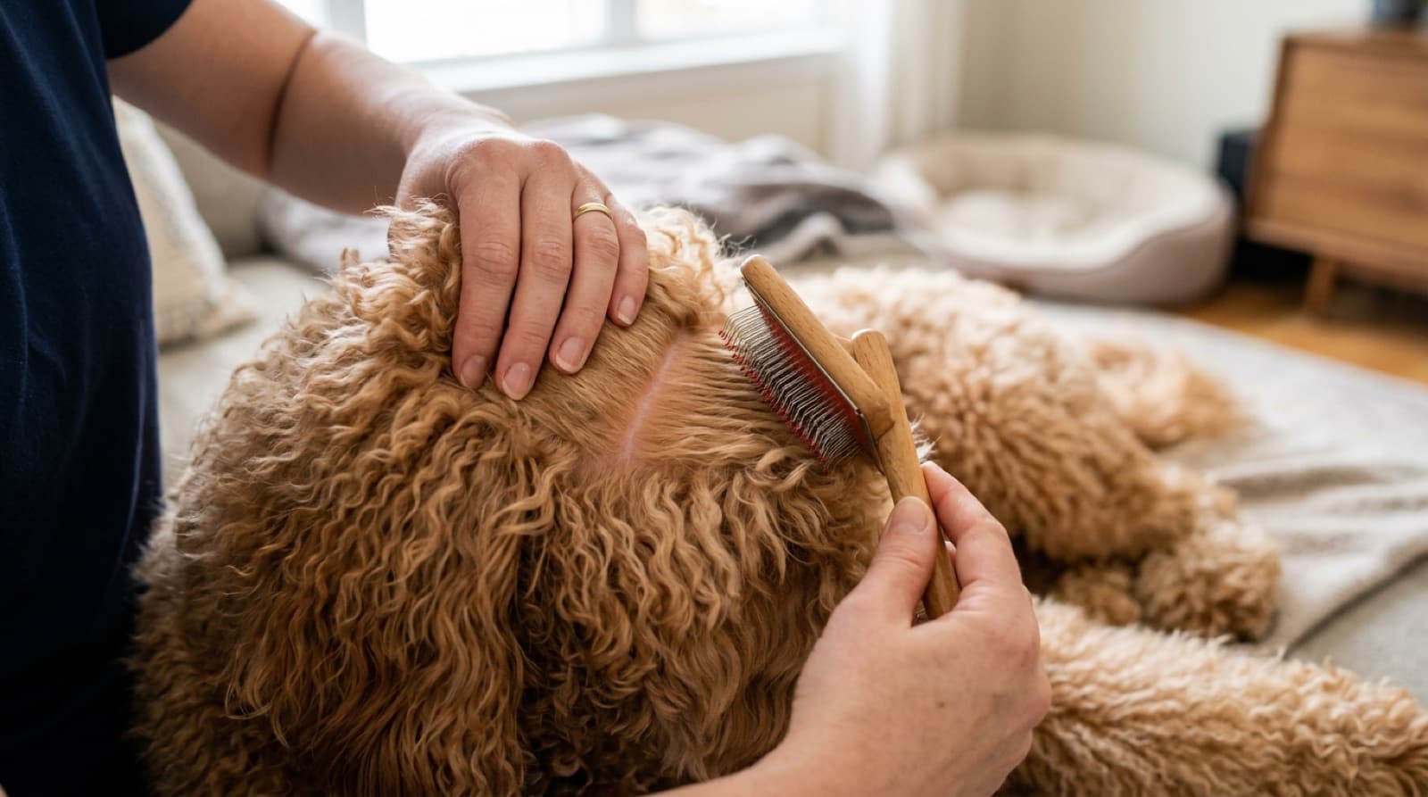 Close-up of a Goldendoodle's curly coat being line brushed to the skin