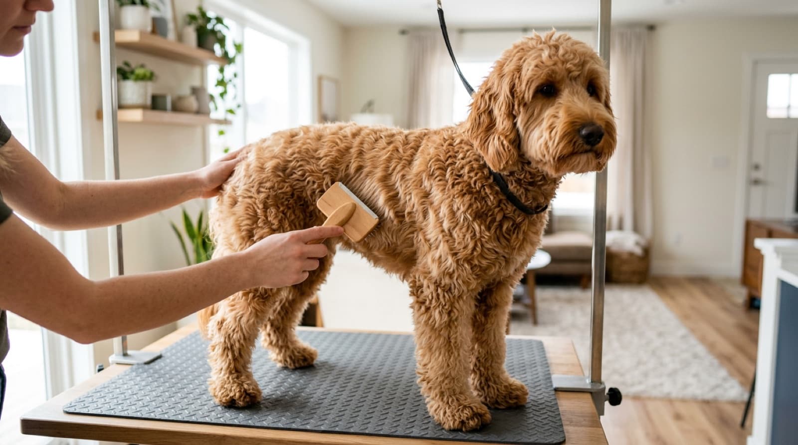 An apricot Goldendoodle being brushed on a grooming table in a bright home