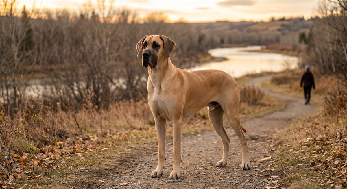 A fawn Great Dane standing in a Calgary backyard on a sunny afternoon, towering over a wooden fence with mountains in the distance