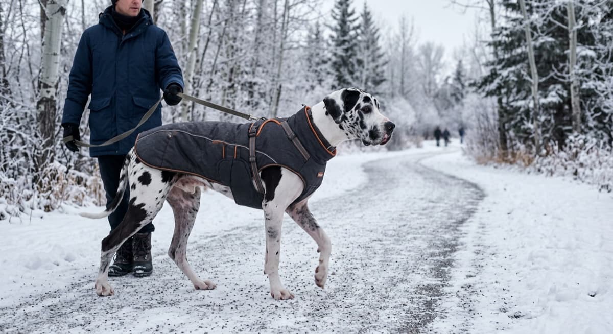A harlequin Great Dane walking on a winter trail at an off-leash park in Calgary, wearing a fitted coat against the cold, prairie snow underfoot