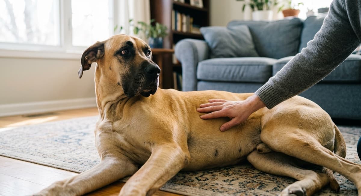 A worried owner standing beside a large fawn Great Dane in a veterinary exam room, the dog lying calmly on the floor while the vet examines the abdomen
