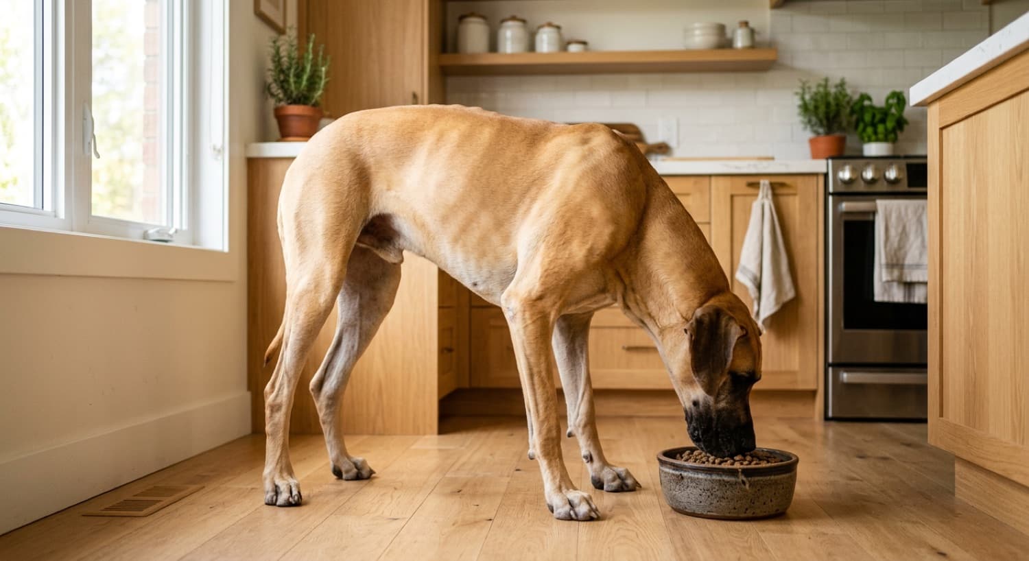 A Great Dane eating calmly from a bowl at home