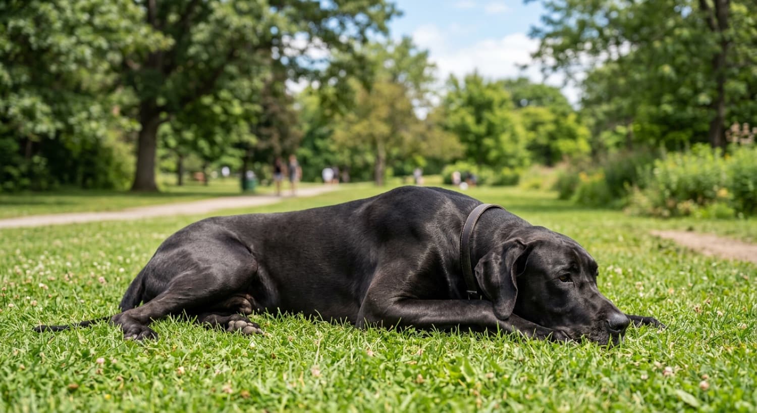 A calm adult Great Dane resting on the grass in a Toronto park