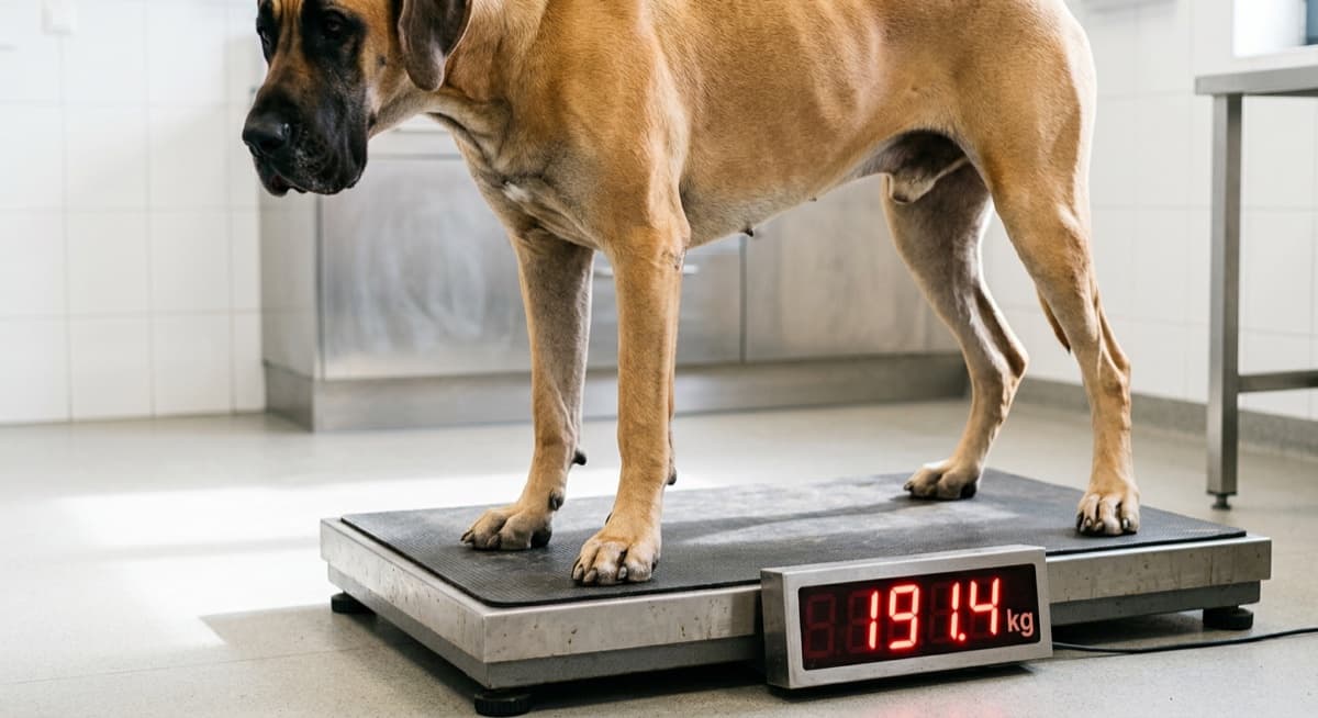 A black Great Dane resting on an oversized orthopaedic bed in a Calgary living room, illustrating the giant-breed supply costs