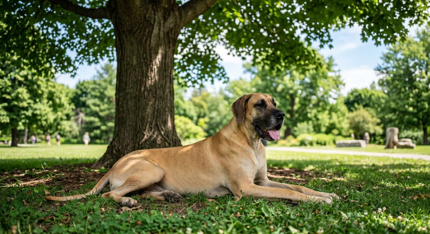 A Great Dane resting in shade on a warm summer day in a Toronto park