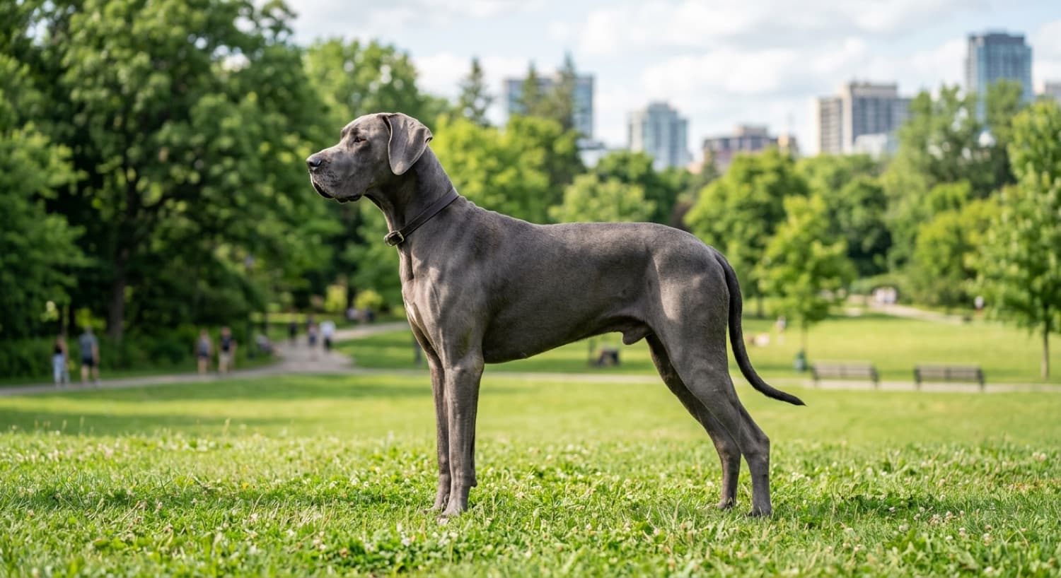 A healthy Great Dane standing on an Ottawa trail