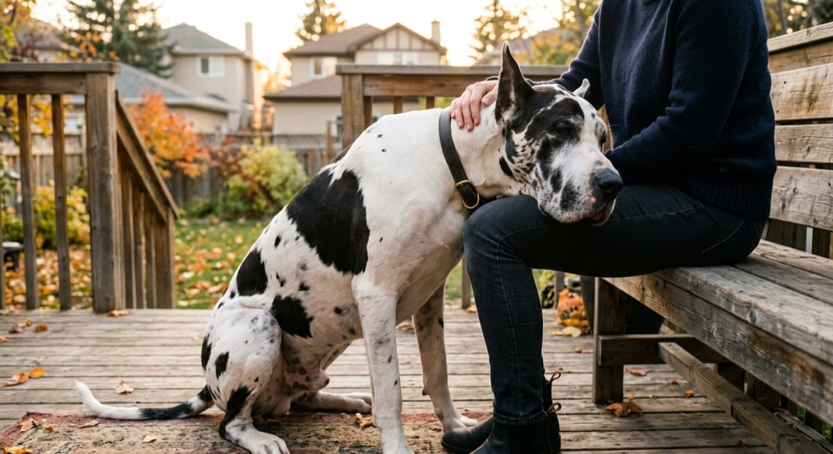 A black Great Dane resting on a couch beside its owner in a Calgary living room, leaning gently into them in the late afternoon light