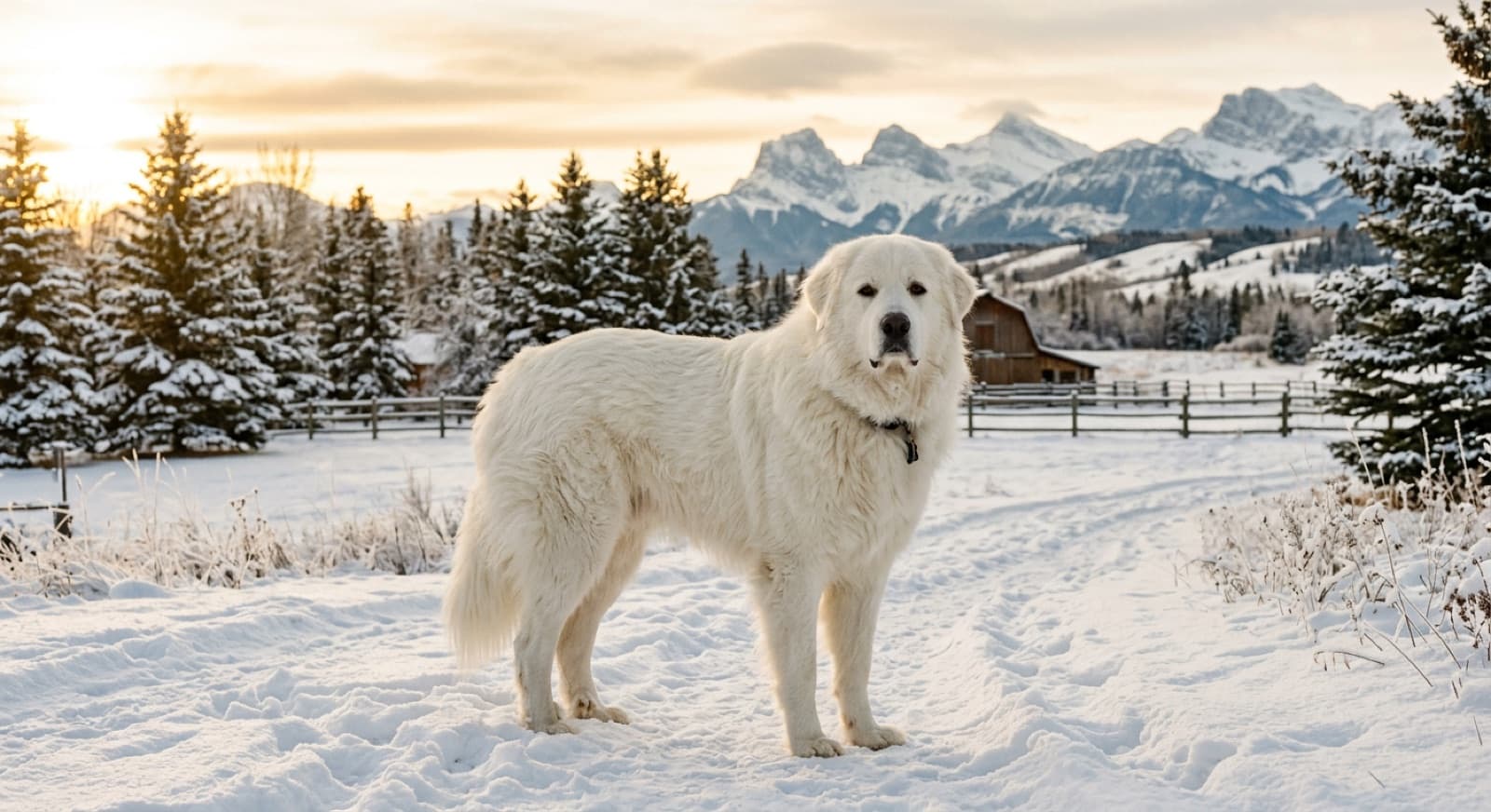 Adult Great Pyrenees on an Alberta acreage, representing the livestock-guardian breed in its working environment