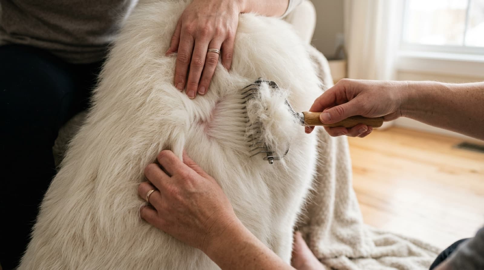 A white Great Pyrenees' thick coat being brushed to the skin with loose undercoat coming out