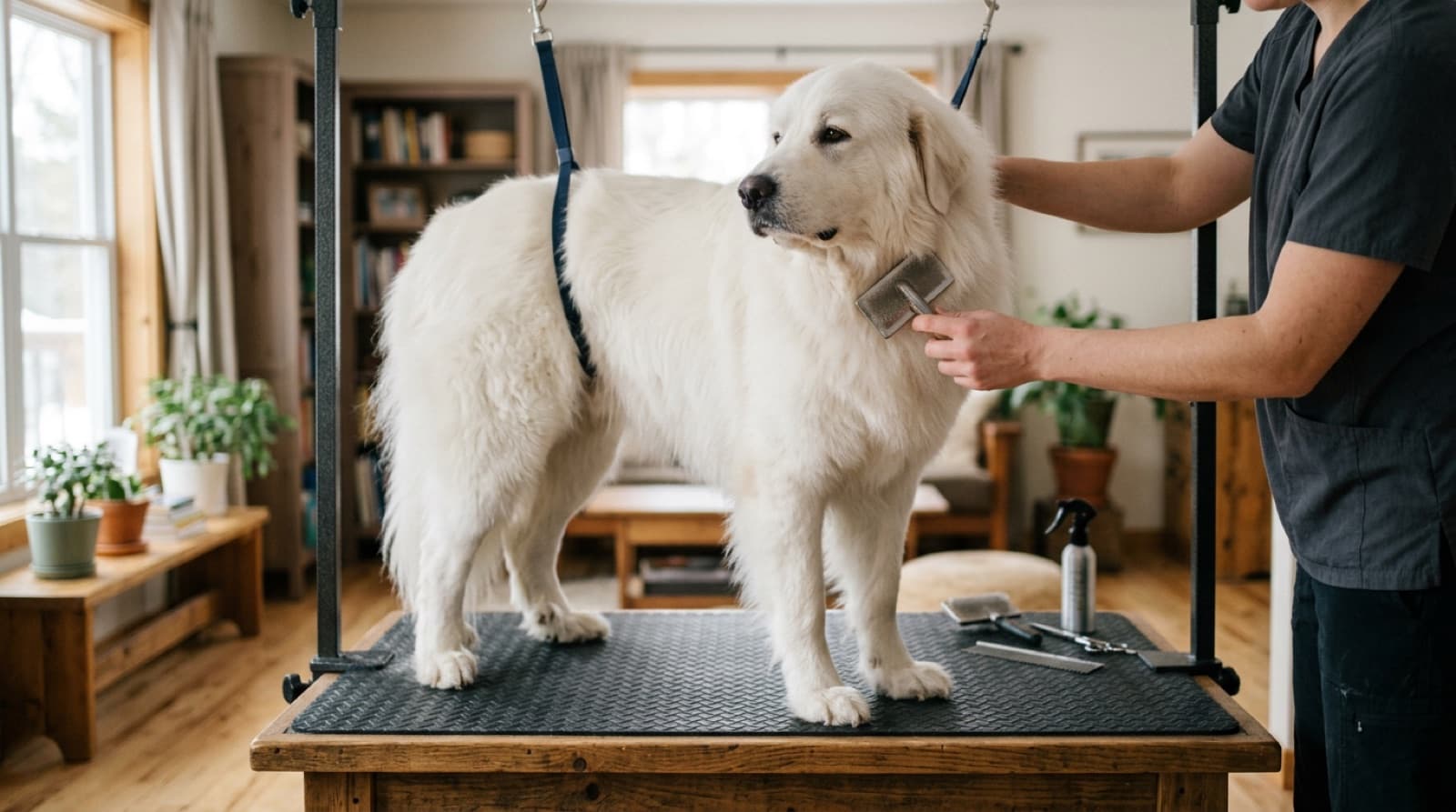 A large white Great Pyrenees being brushed on a grooming table in a bright home