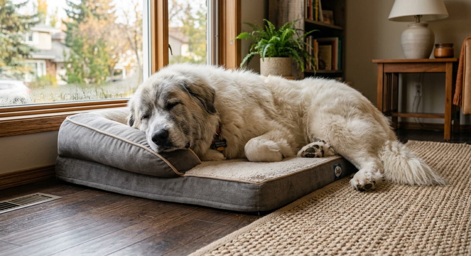 A healthy adult Great Pyrenees being examined during a routine wellness visit at a Calgary veterinary clinic