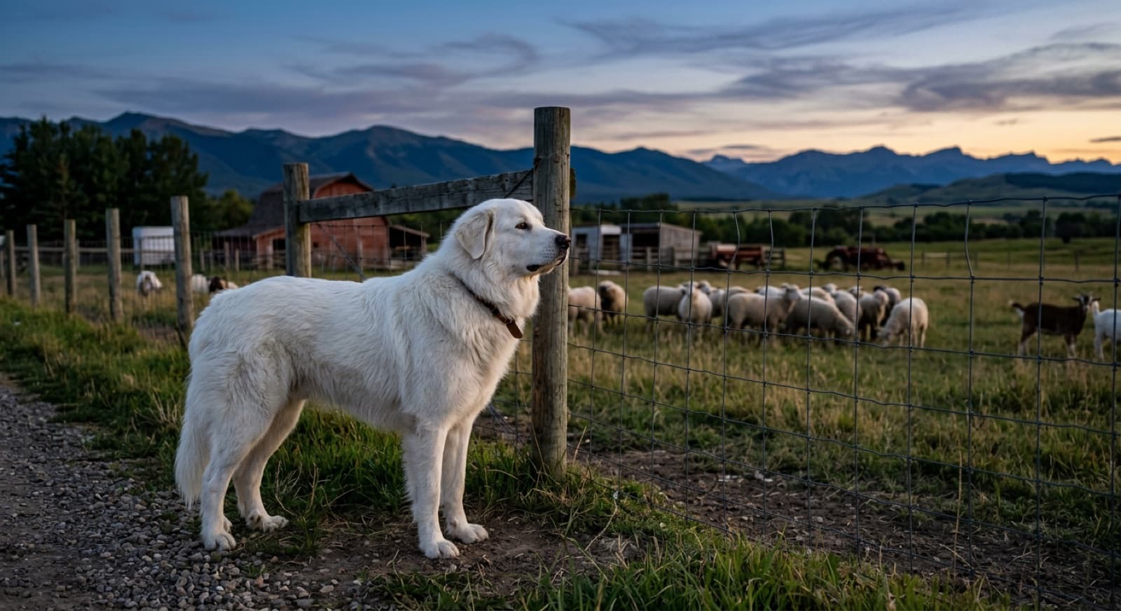 A white Great Pyrenees dog standing watchfully in a fenced acreage yard at dusk on a Foothills property near Bragg Creek with mountains in the background, showing the livestock guardian breed's calm alert posture