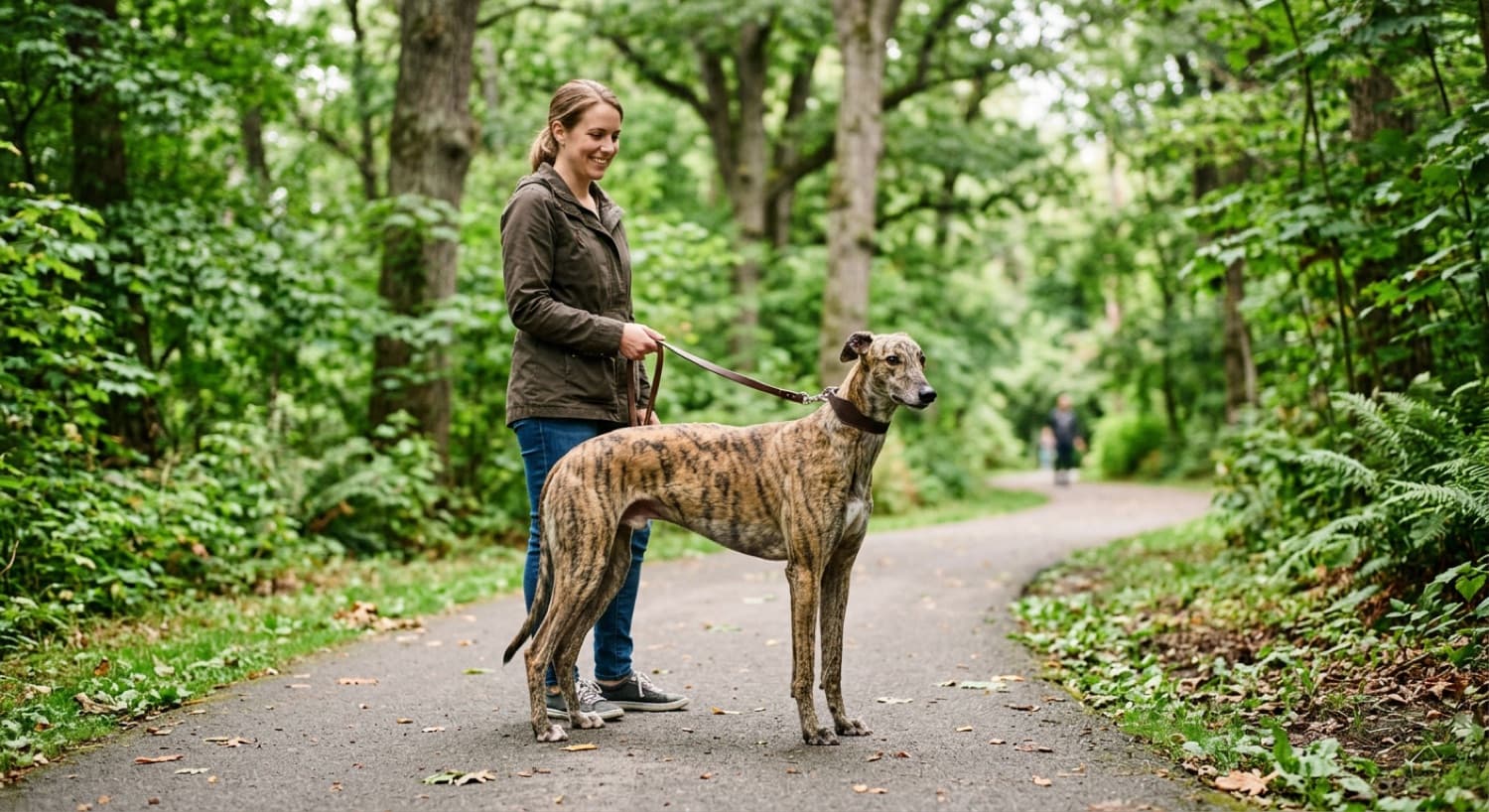 An adoptable Greyhound on a leash beside its owner in a Toronto park
