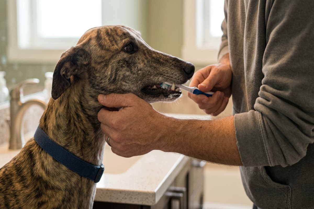 A Calgary pet owner reviewing veterinary invoices and a household budget spreadsheet at a kitchen table, illustrating the planning required for Greyhound medical costs