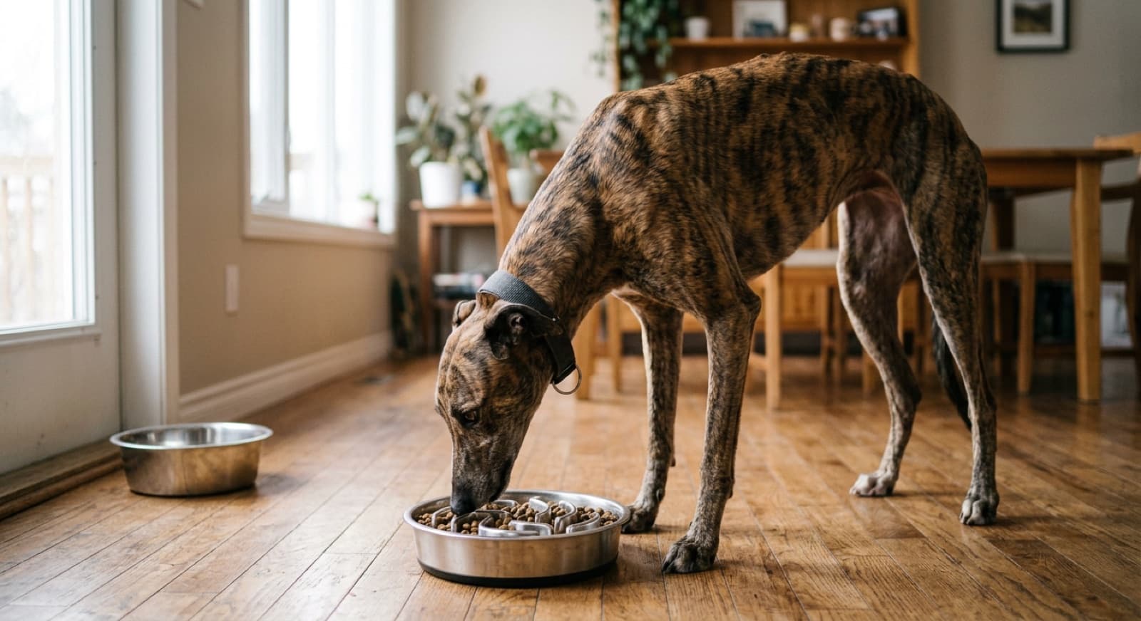 An adult brindle Greyhound eating from a stainless slow-feeder bowl on the floor in an Edmonton home interior, calm expression