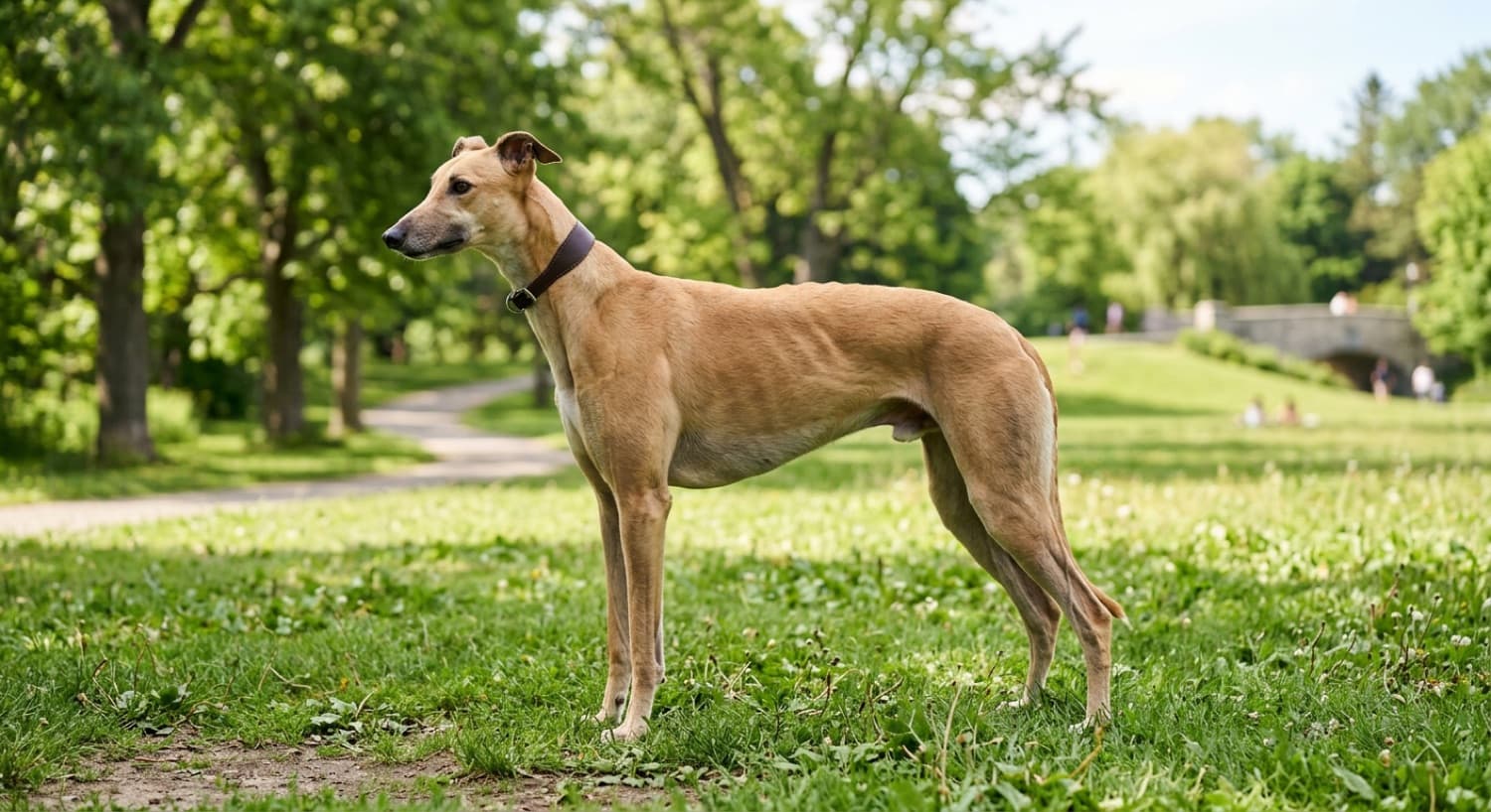 A healthy adult Greyhound standing in profile in a Toronto park