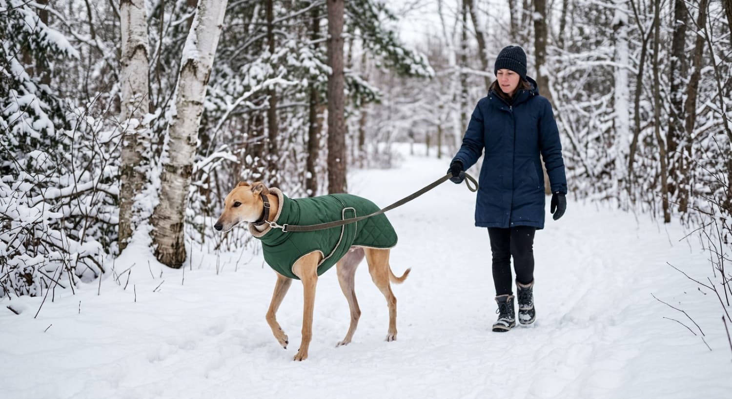 A Greyhound wearing a warm coat on a snowy winter walk in Toronto