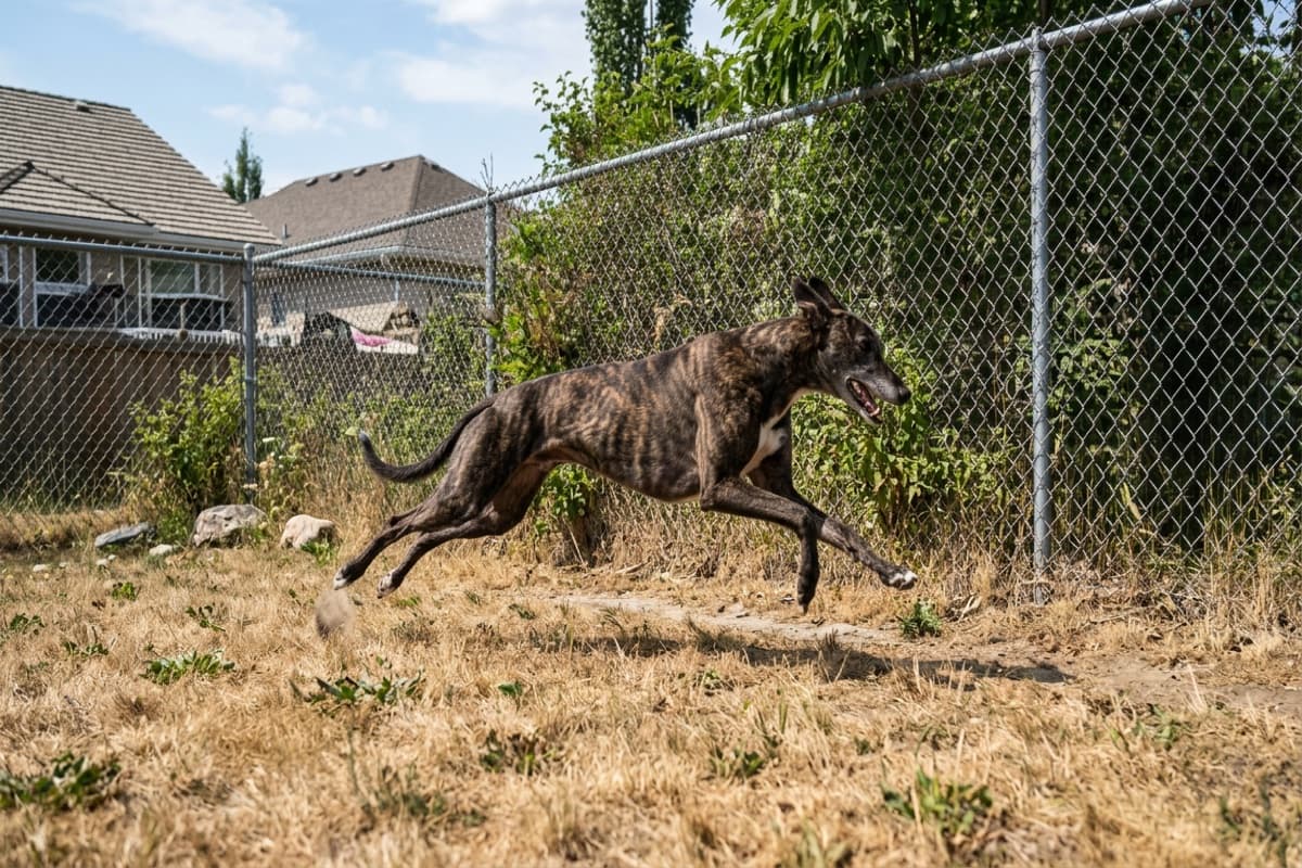 Black Greyhound sprinting inside a fully-fenced off-leash area in Calgary, tall solid fence in the background, owner watching from inside the perimeter