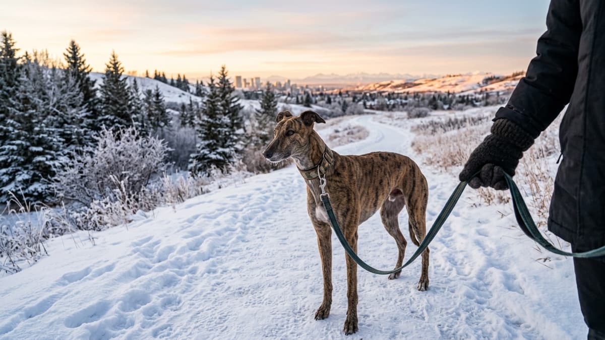 Brindle retired racing Greyhound on a six-foot leather leash wearing a wide martingale collar and basket muzzle, walking calmly with an owner on a Calgary pathway, soft afternoon light