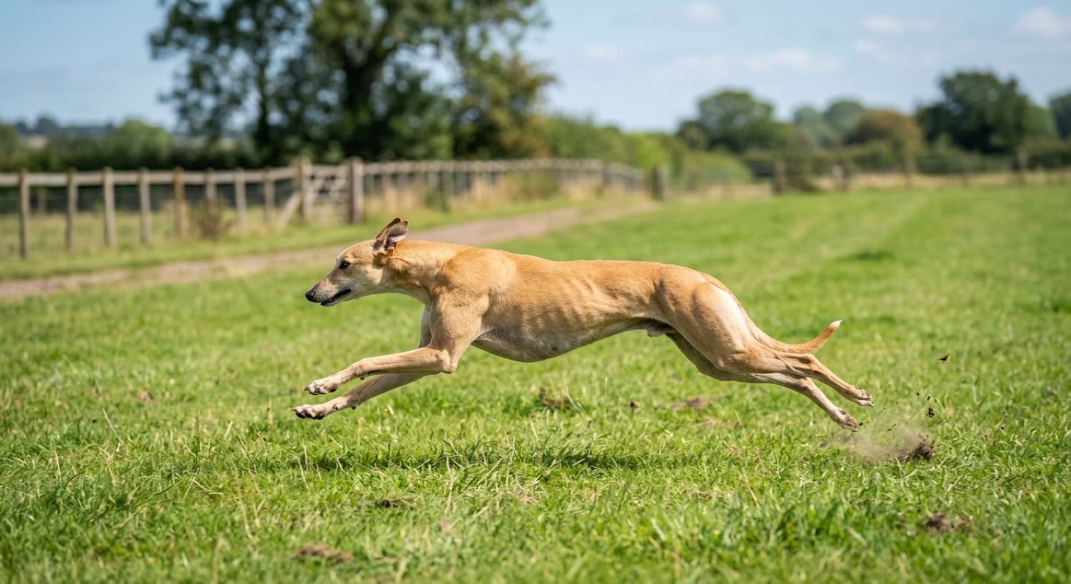A Greyhound running at full speed inside a securely fenced grassy field