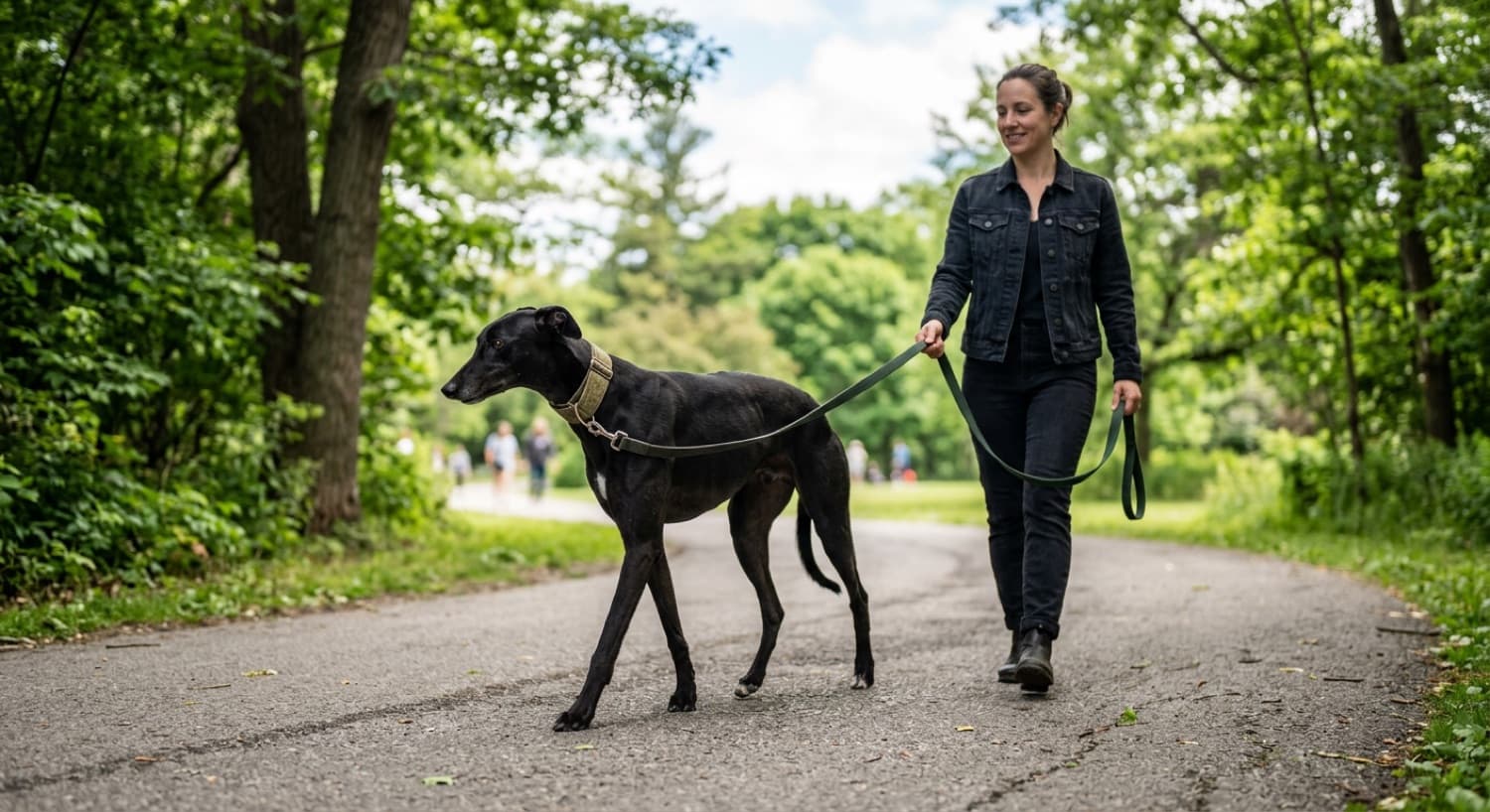 A Greyhound on a leash walking with its owner on a path in a Toronto park