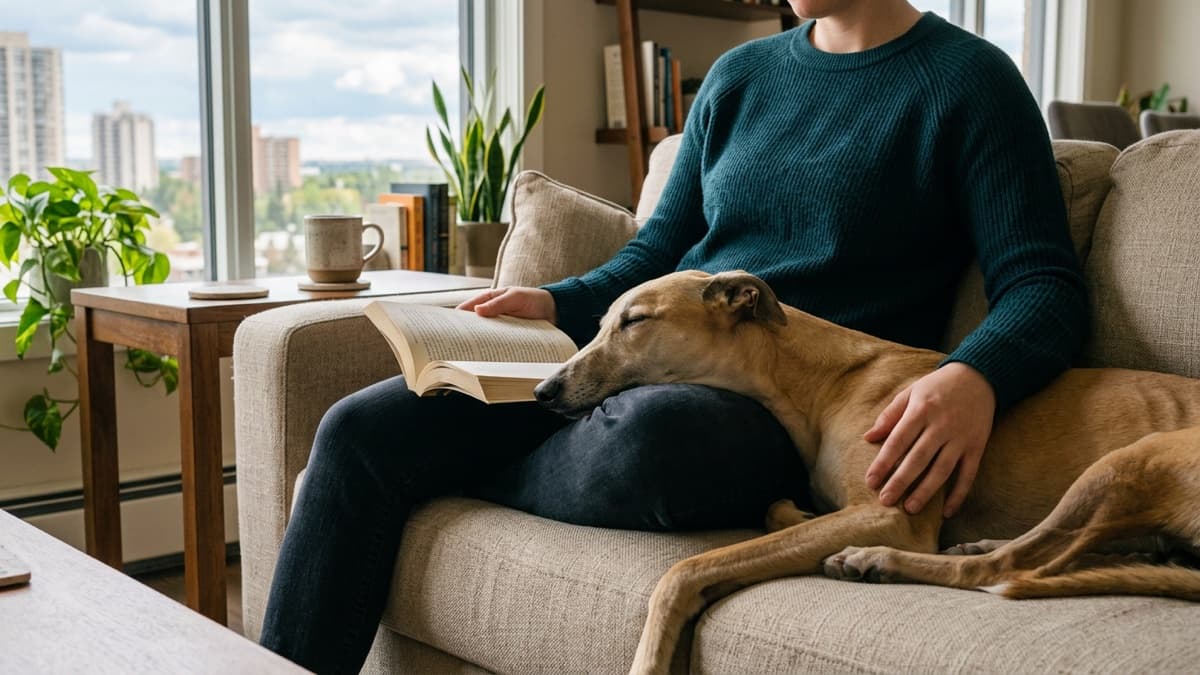 An adult retired racing Greyhound standing calmly in a Calgary living room, showing the breed's tall thin frame and quiet temperament