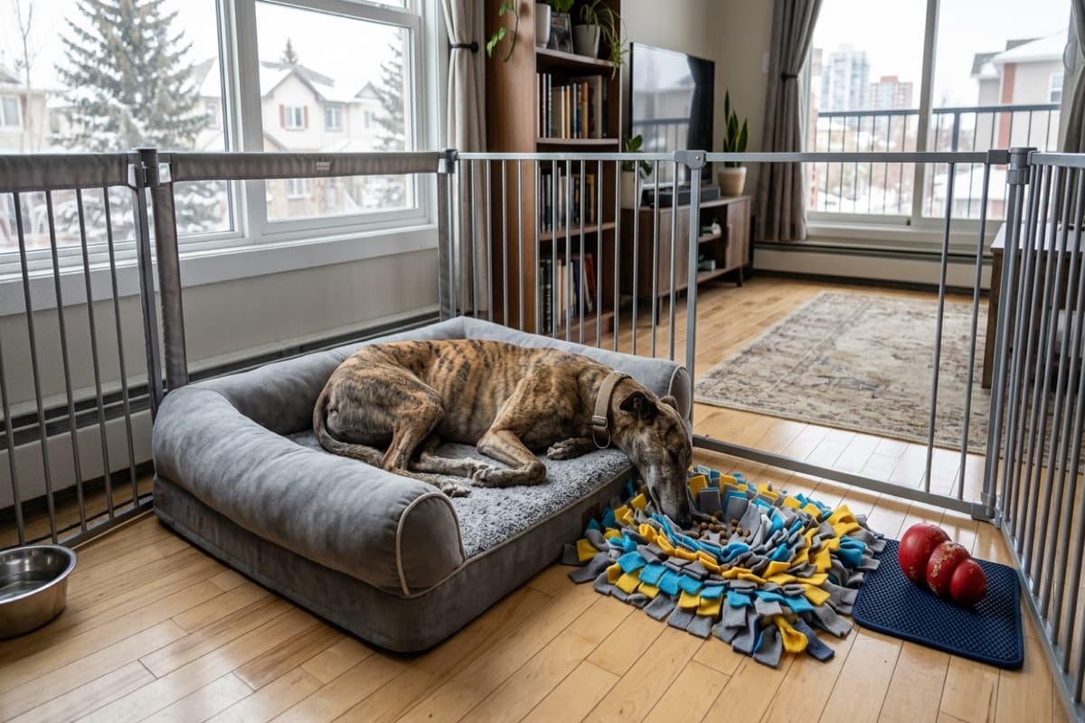 A retired racing greyhound free-roaming in a Calgary living room with a comfortable dog bed, showing the alternative to crating for greyhounds with separation anxiety