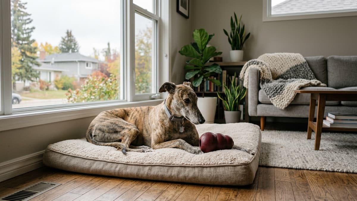 A calm retired racing greyhound resting on a dog bed at home, demonstrating successful alone-time conditioning