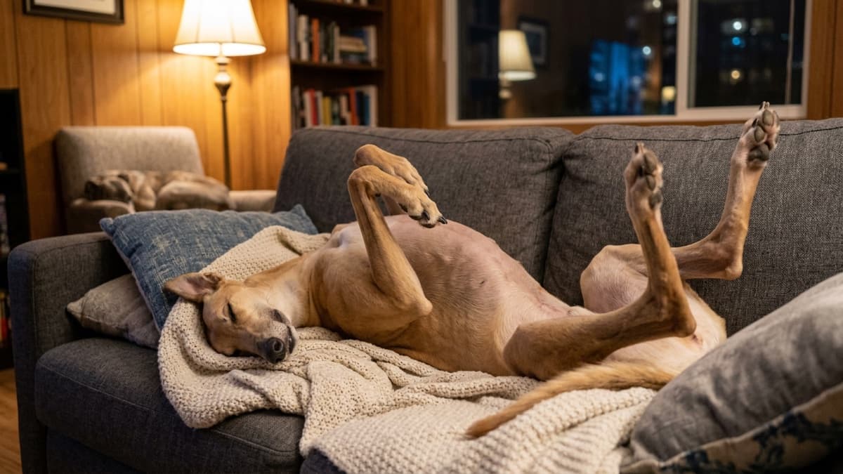 A calm brindle Greyhound lounging on a Calgary apartment couch with long legs stretched out, showing the breed's 45 mph couch potato disposition