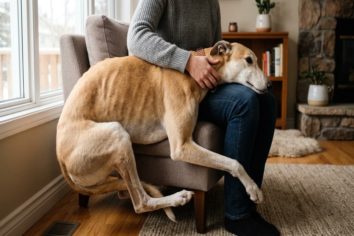 A retired racing Greyhound roaching on its back on a thick orthopedic bed in a Calgary living room, legs in the air, belly exposed, eyes half-closed in deep trust-sleep